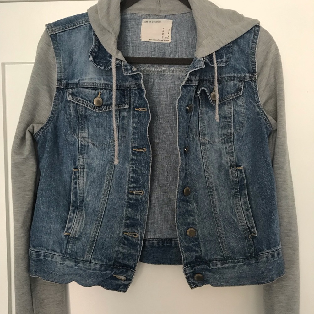 Life In Progress jean jacket with grey sleeves